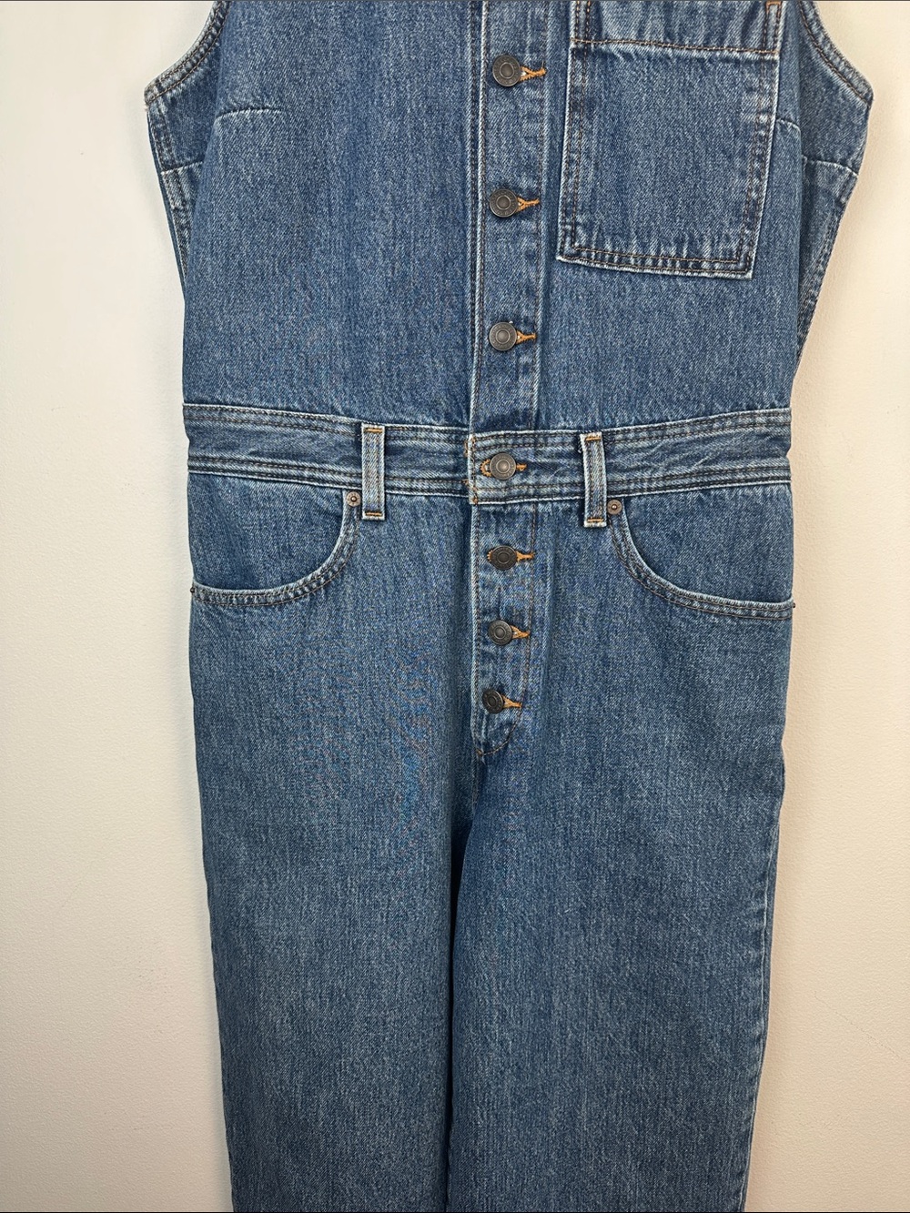 NEW Levi’s Blue Denim Jumpsuit Small Sleeveless Cotton Pockets Relaxed Casual - Picture 5 of 16